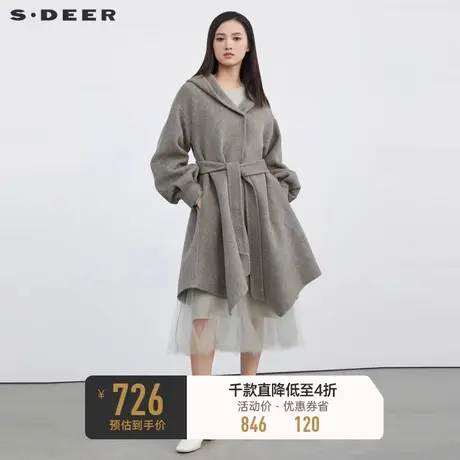 sdeer圣迪奥冬装女连帽收腰泡泡袖廓形毛呢大衣S224Z2503图片
