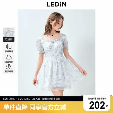 乐町方领浅蓝色流光公主裙年夏季新款度假打卡高腰泡泡袖公主裙图片
