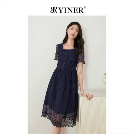 YINER音儿女装2022夏季新款蕾丝提花方领连衣裙图片