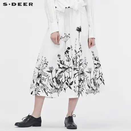 sdeer圣迪奥2019春女松紧腰身压褶撞色印花半身长裙S19181109图片