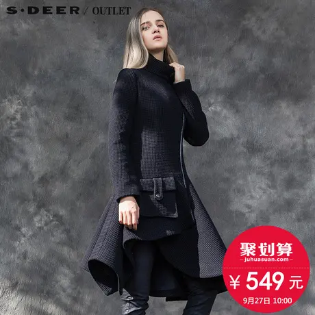 sdeer圣迪奥2017冬装设计感斜襟阔摆方格质感毛呢大衣冬S15481802图片