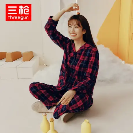 三枪家居服女纯棉春秋薄款彩格绒布翻领开襟扣子宽松长袖睡衣睡裤商品大图