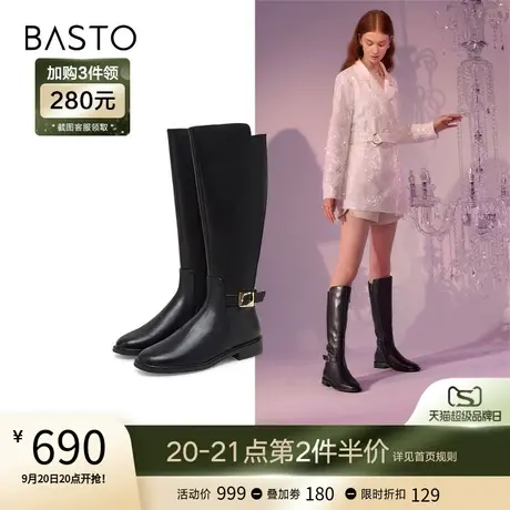 百思图冬季商场同款时尚潮流粗跟骑士靴长筒靴女长靴AX209DG2图片