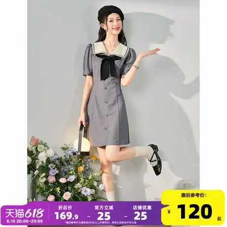 唐狮2025新款女学院气质翻领收腰设计连衣裙女夏蝴蝶结甜美气质瘦图片