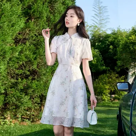 时尚国风短袖连衣裙2023年夏季新款淑女温柔甜美显瘦中长款裙子图片