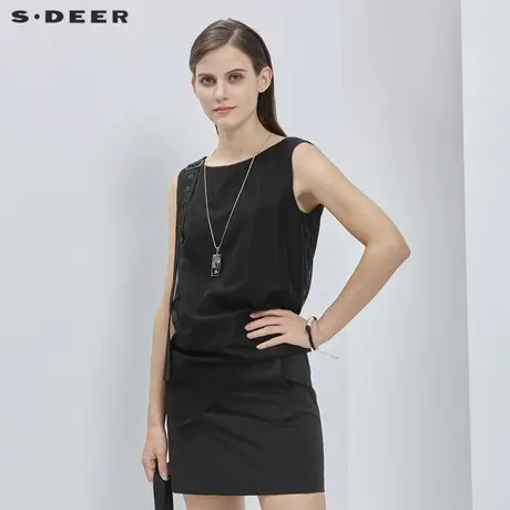 sdeer圣迪奥女装夏季网纱拼接飘带黑色无袖T恤S20280305商品大图
