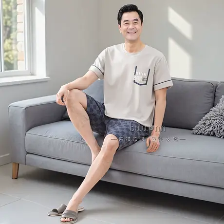 套头睡衣男士纯棉夏季短袖短裤薄款休闲家居服套装图片