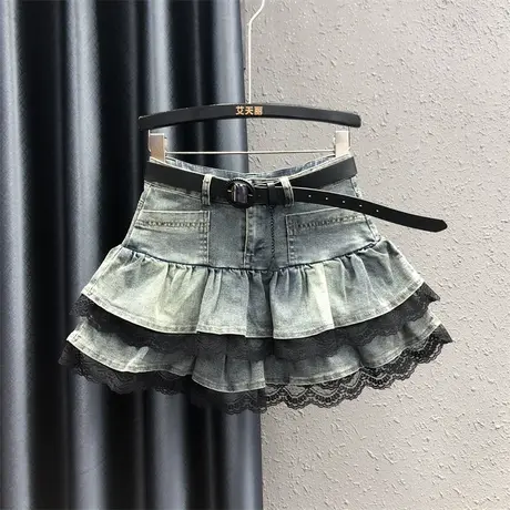 2025春夏新款辣妹复古蕾丝拼接蓬蓬短裙女洋气高腰a字牛仔半身裙图片