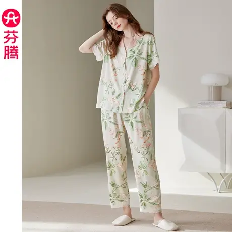 芬腾冰丝睡衣女夏季短袖长裤薄款凉感舒适仿真丝绸休闲家居服套装图片