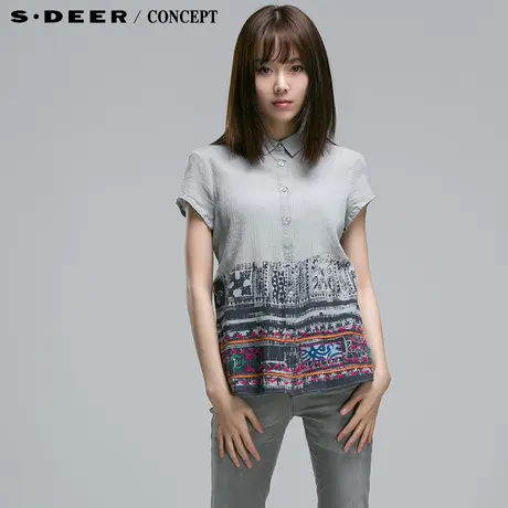 sdeer圣迪奥专柜正品女装夏装文艺抽象印染短袖衬衫4280494图片