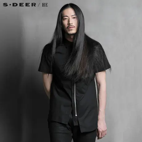 sdeerhe圣迪奥男装简约时尚舒适潮流设计感纯黑纯棉衬衫H15270474图片