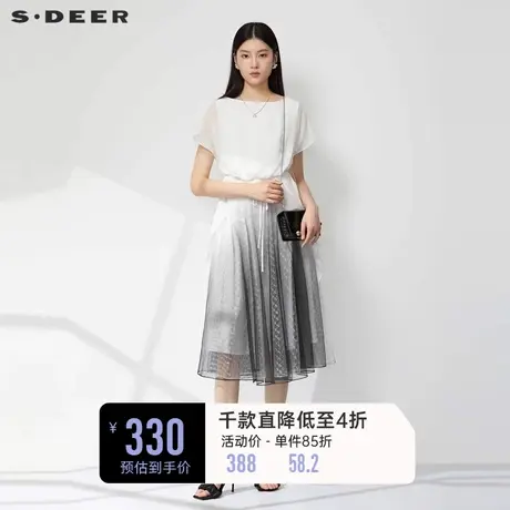 sdeer圣迪奥女装圆领渐变网纱雪纺短袖连衣裙S232Z12X1图片