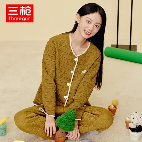 三枪睡衣女秋冬加厚暖棉圆领开襟长袖夹棉保暖女家居服套装商品大图