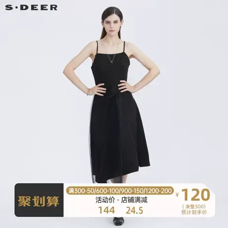 sdeer圣迪奥女装休闲网纱拼接黑色吊带连衣裙S21281232图片