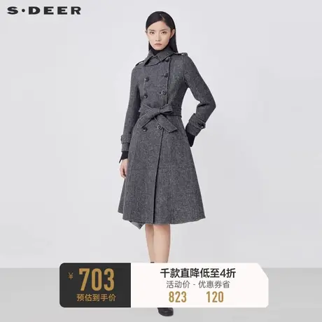 sdeer圣迪奥冬翻领条纹双排扣收腰长款毛呢大衣S21481838图片