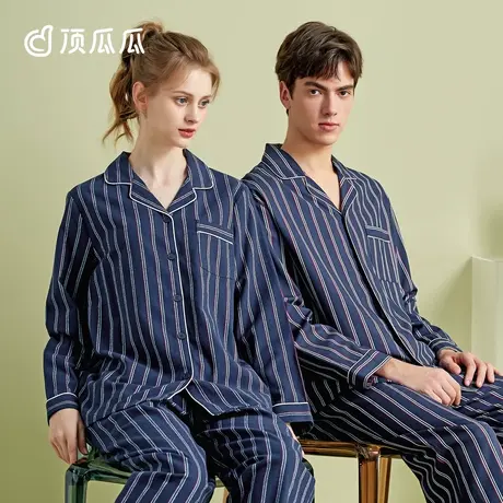 顶瓜瓜长袖睡衣女春秋纯棉韩版开衫大码男士家居服全棉情侣套装商品大图