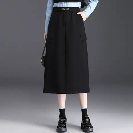 黑色松紧腰工装半身裙女秋季2023新款遮肚显瘦a字裙中长款休闲裙图片