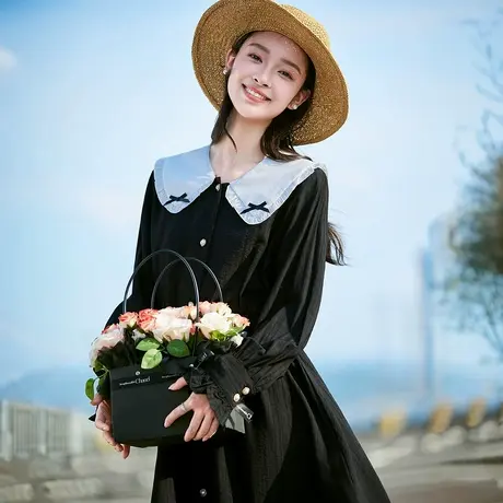 唐狮春装长袖连衣裙女2025早春新款娃娃领衬衫裙小个子黑色裙子图片