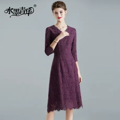【1件7.9折】春装新品时尚V领蕾丝裙简约修身收腰优雅A字连衣裙图片