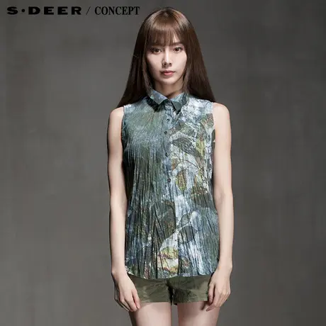 sdeer圣迪奥女油墨印花抓皱无袖衬衫S15280637图片