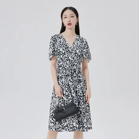 【直播秒杀】艾莱依商场同款V领裙子高级感夏季碎花黑色连衣裙图片