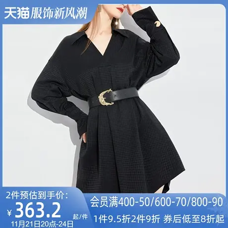 AUI黑色御姐气质衬衫连衣裙女2023春秋新款职业通勤轻熟v领修身裙图片