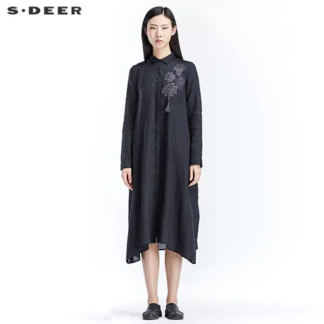 sdeer圣迪奥女装2018春装流苏过膝亚麻中长款长袖衬衫S17180534商品大图