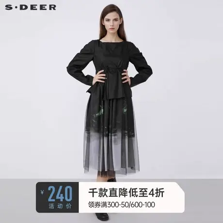 sdeer圣迪奥女装春秋装方领收腰网纱印花两件套连衣裙S213Z1228图片