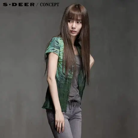 sdeer圣迪奥夏装新款专柜正品女雨林印花抓皱短袖衬衫S15280404图片