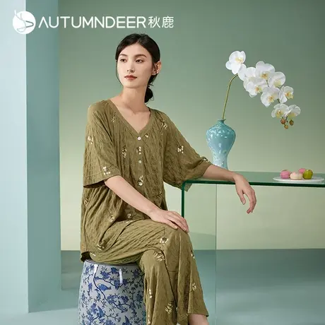 秋鹿睡衣女夏款新中式国风针织棉提花V领短袖长裤休闲家居服套装图片