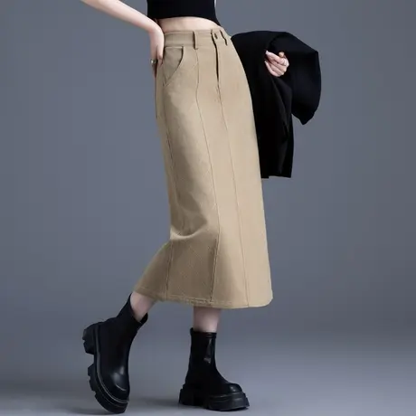 卡其色牛仔半身裙女高腰秋冬2023新款裙子过膝长裙小个子a字半裙图片