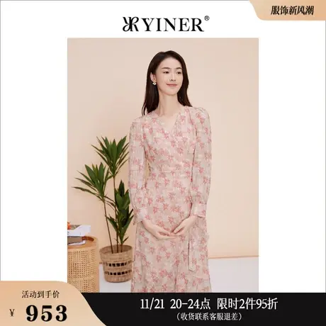 YINER音儿专选女装春季碎花V领茶歇裙公主袖连衣裙图片
