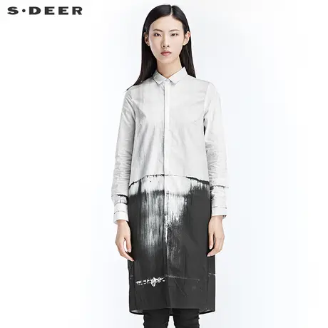 sdeer圣迪奥2018春装知性水墨晕染印花中长款长袖衬衫女S17180530图片