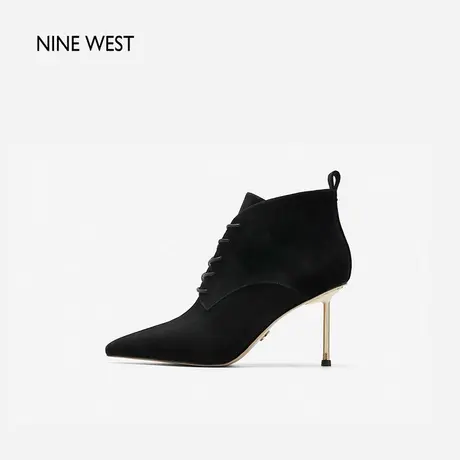 Nine West/玖熙羊反绒优雅细跟短靴2023冬新款交叉绑带尖头时装靴图片
