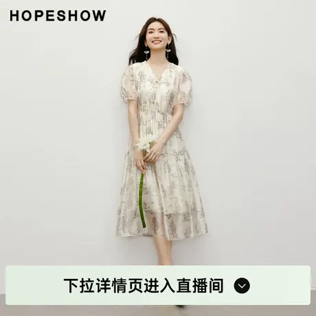 【直播专享】夏季【山水楼阁】收腰V领套头印花裙90124191618红袖图片