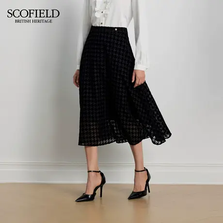 Scofield女装复古法式A摆半身裙千鸟格丝绒中长裙2025冬季新品图片