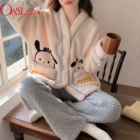 秋冬季珊瑚绒睡衣女加绒加厚宽松卡通可爱法兰绒家居服套图片
