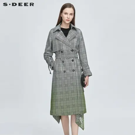 sdeer圣迪奥春女装英伦风格纹翻领收腰晕染长款风衣S21181817图片