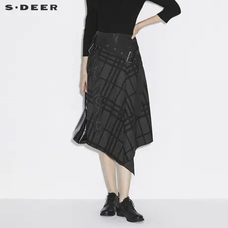 sdeer圣迪奥女装春秋装腰带拼接不规则撞色格纹半身裙S21381107图片