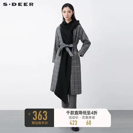 sdeer圣迪奥冬季设计感连帽格纹收腰长款毛呢大衣女S21461813图片