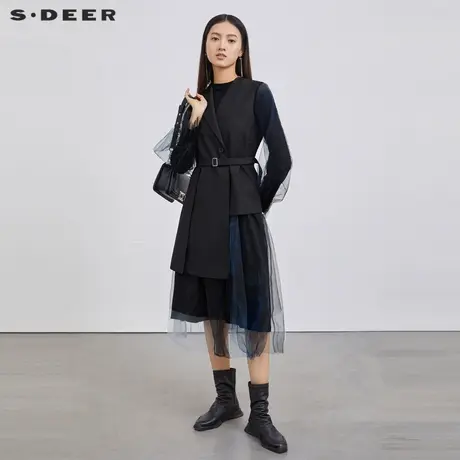sdeer圣迪奥女装收腰印花网纱马甲连衣裙套装S223Z1439图片