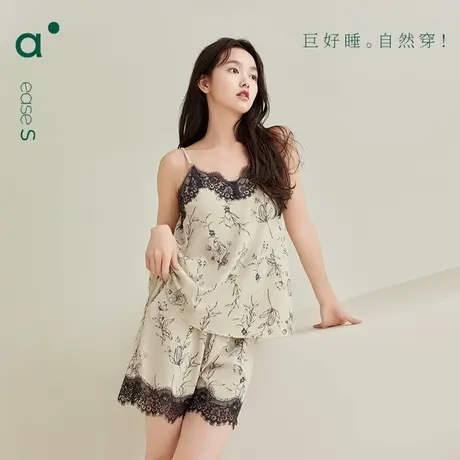 安之伴夏季带胸垫吊带凉感睡衣女甜美蕾丝背心短袖居服纯棉薄款图片