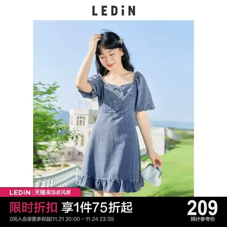 乐町系带牛仔连衣裙休闲春夏新款女装方领短款棉质木耳边裙子图片