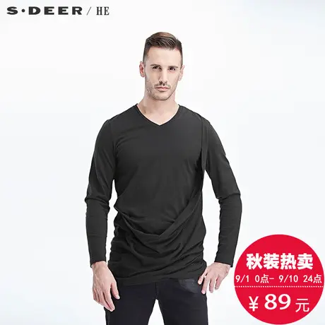 sdeerhe圣迪奥男装2017秋装现代感纯色V领垂落长袖T恤H15170283图片