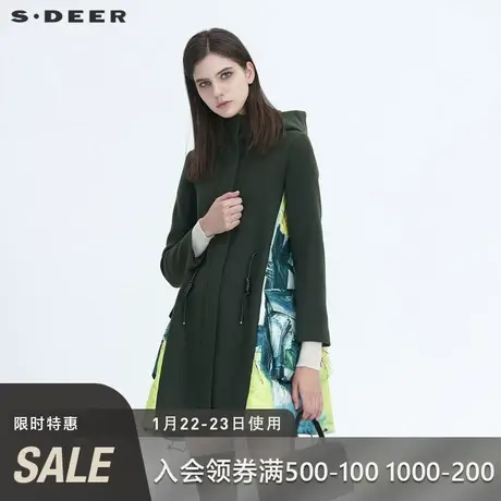sdeer圣迪奥冬季高领连帽涂鸦印花收腰中长款毛呢大衣女S20481702图片