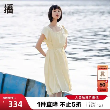 播夏季新款复古花瓣袖配细腰带U领A型连衣裙女DDP2LD4159图片