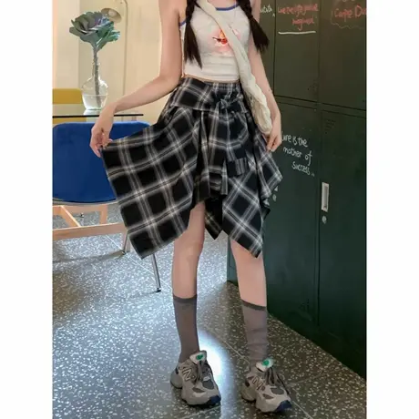 复古不规则蝴蝶结绑带半身裙女夏季松紧高腰显瘦小众a字格纹短裙图片