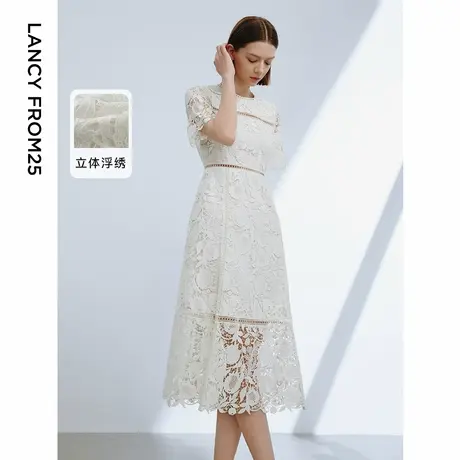 朗姿法式气质设计感高级感收腰蕾丝连衣裙2024夏季新款白色裙子女图片