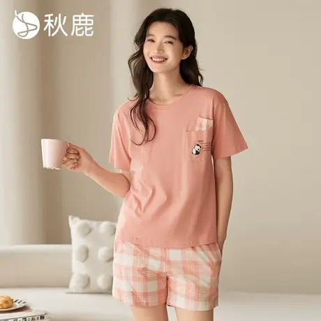 秋鹿【门店同款】带纯棉睡衣女秋季圆领短袖短裤印花家居服套装图片