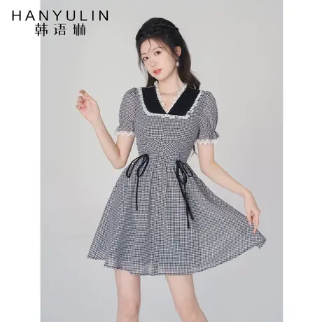 韩语琳V领格子连衣裙女夏季茶歇法式短裙2023新款裙子小众设计感图片